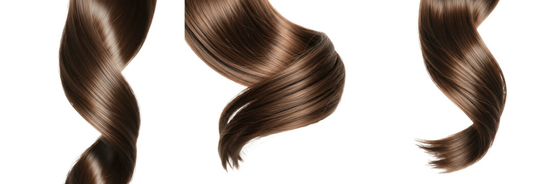 Realistic Brown Hair Curls Set - Healthy Shiny Brunette Hair Strands and Wavy Extensions for Salon, Hair Care, and Beauty Products Isolated on White Background