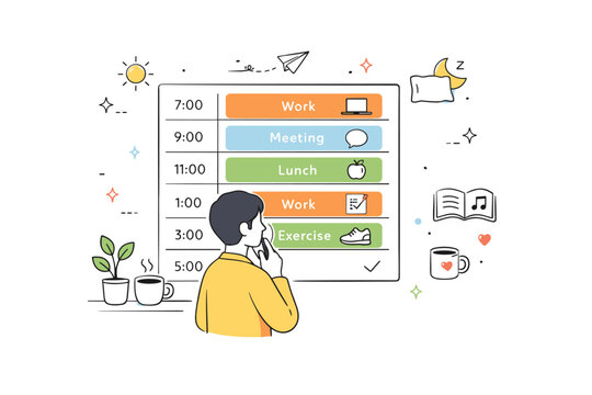 Daily planning routine. A person reviewing a schedule board with time blocks and gentle icons for work and rest. Calm productivity and mindful organization