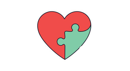 Obraz premium Simple graphic illustration of a large red heart with a perfectly fitted mint green puzzle piece segment completing its shape on a clean white background, Generative AI.