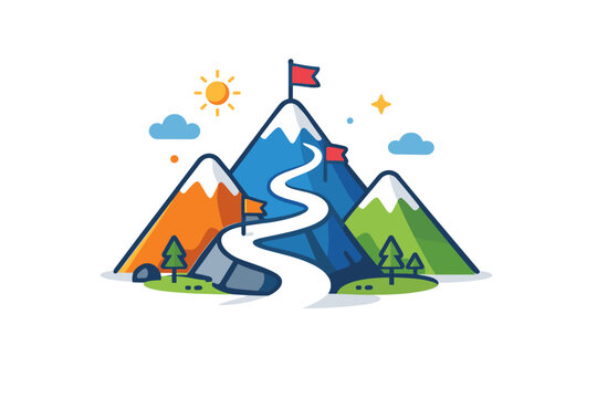 Mountain trekking shown through a symbolic path winding upward between simplified peaks, expressing progress, challenge, and personal