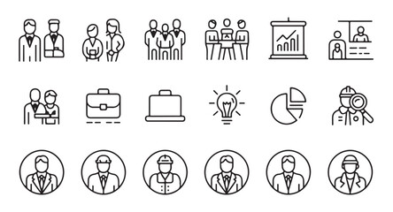 Minimalist linear business icons featuring office staff team collaboration data charts and industrial workers