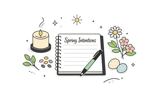 Spring equinox intention setting. A calm scene with a notebook, candle, and symbolic spring elements like seeds or flowers arranged for