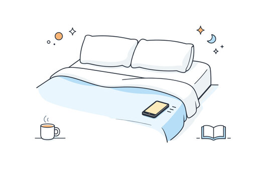 Empty spaces with human traces. A neatly made bed with a phone placed near the edge. Private routine, paused moment, human presence implied