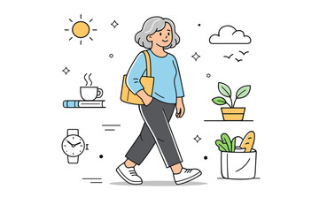 Gray hair everyday normality. An older person goes through a simple daily routine, calmly walking or standing with relaxed posture,