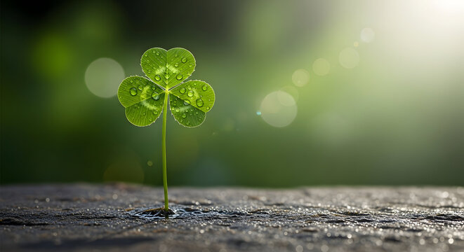 Lucky four leaf clover on st patrick's day celebrations with green background and sunlight
