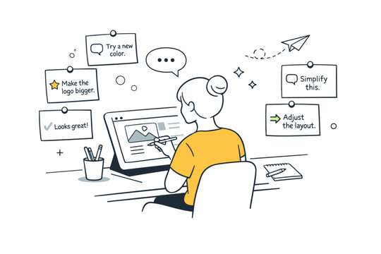Designer Feedback Iteration. Creative review feedback loops. A designer refines a concept while referencing comments pinned nearby. Quiet sense of iteration,