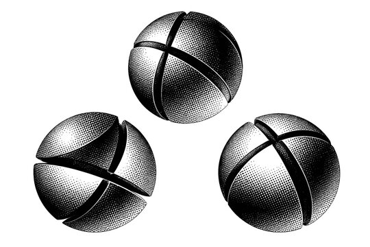 Minimal halftone sphere segmented sphere, a single orb divided into clean geometric sections while remaining one object, displayed in three