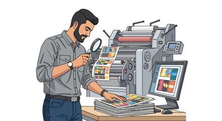 Man Inspecting Printed Materials with Magnifying Glass.