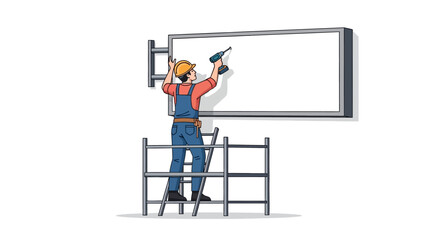 Man Installing Television on Wall with Ladder.