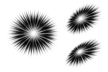 Radial dot blur pattern, a single radial blur object shown in centered front view, offset angled view, and three-quarter dynamic view as a