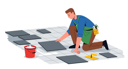 Man Installing Tiles on Floor Surface.