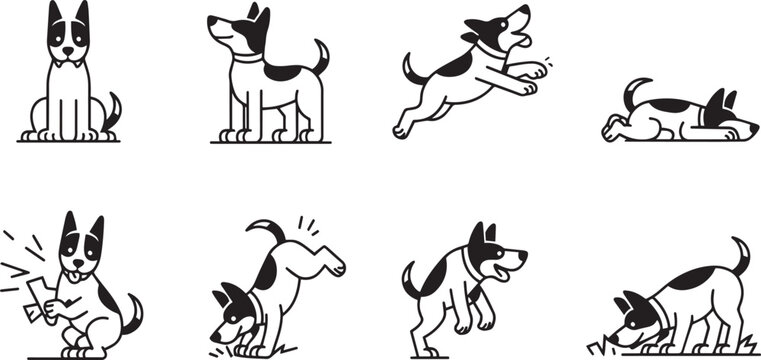 Hand drawn cartoon dog sitting standing running and playing in various poses illustration