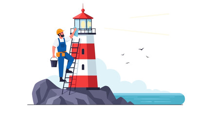 Man Maintaining Lighthouse on Rocky Coast.