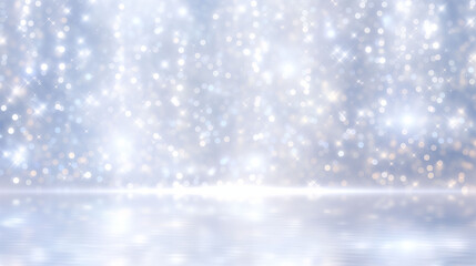 光が差し込む幻想的なシルバーブルーの輝き空間、高級商品ディスプレイ向けきらめき抽象ステージ背景