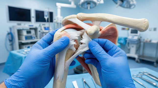 Surgeon gloved hands examining torn shoulder ligament model in operating room, showing anatomy, injury, and surgical planning with clinical instruments and monitors in background