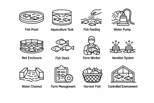Fish Farming. Line icon set of Fish Farming: fish pond, aquaculture tank, fish feeding, water pump, net enclosure, fish stock, farm worker,