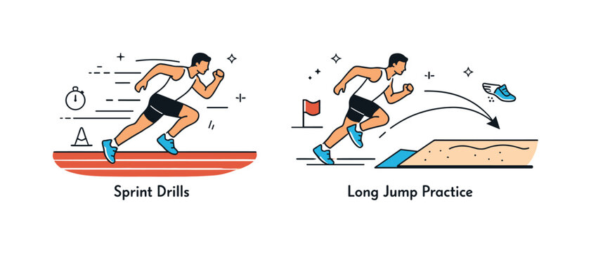 Long jump and sprint drills illustration. Athlete running on track and preparing for a long jump with motion lines indicating speed and