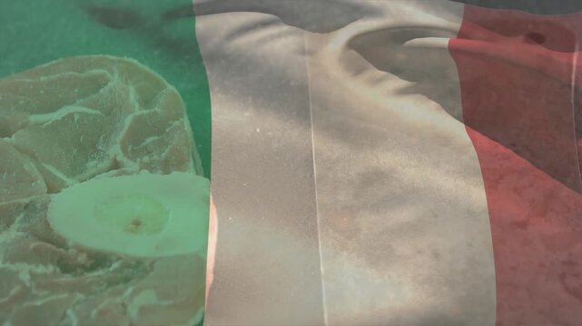 Tricolor overlay aligning over meat and fabric, tinting bone while folds rippling to show opacity