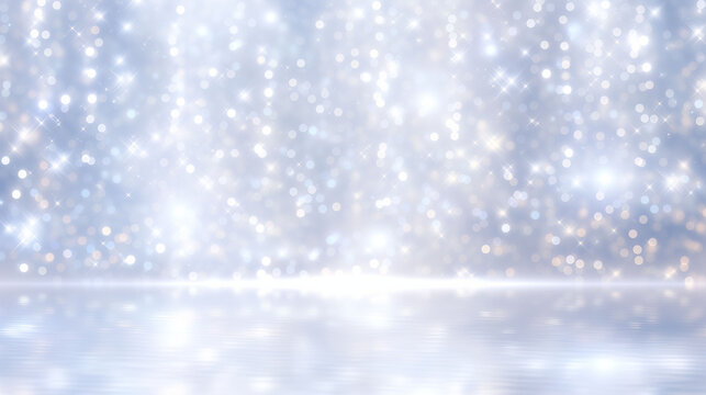 光が差し込む幻想的なシルバーブルーの輝き空間、高級商品ディスプレイ向けきらめき抽象ステージ背景