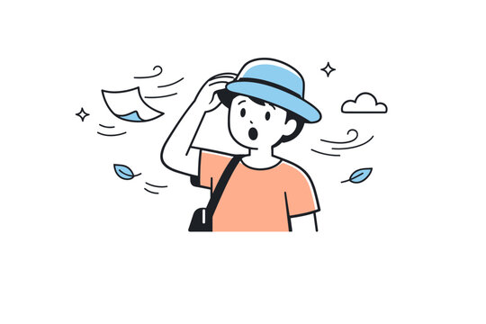 Wind surprises moments. A person holds onto a hat or paper as wind gently disrupts the scene. The illustration conveys surprise mixed with