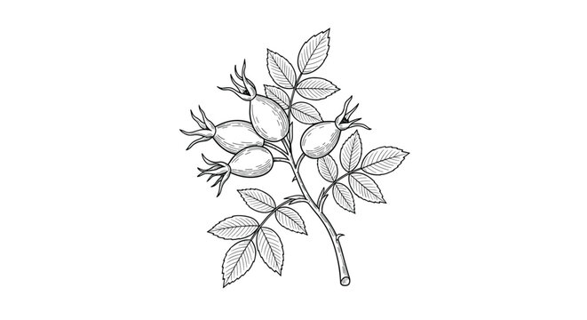 Branch of wild rose hips with several berries and jagged leaves is illustrated in a detailed vintage line art style for botanical art.