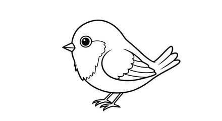 Obraz premium Cute little bird with fluffy feathers stands alert in a simple black and white line drawing suitable for coloring books or design.