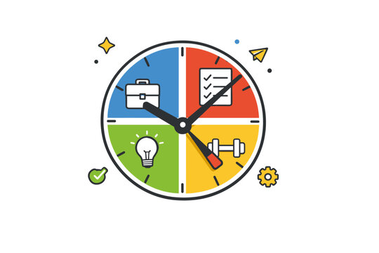 Organized Time Management. Time management a clear visual metaphor with a clock divided into organized segments and simple task icons, representing structure,