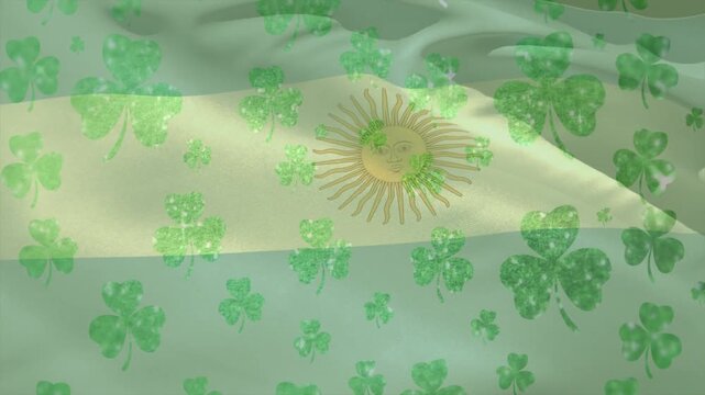 Breeze starting, blue striped flag rippling while clover overlay drifting, accenting Sun emblem