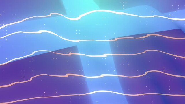 Cyan shaft piercing purple, blocks moving, widening, waves sliding, dots rising, showing canyon