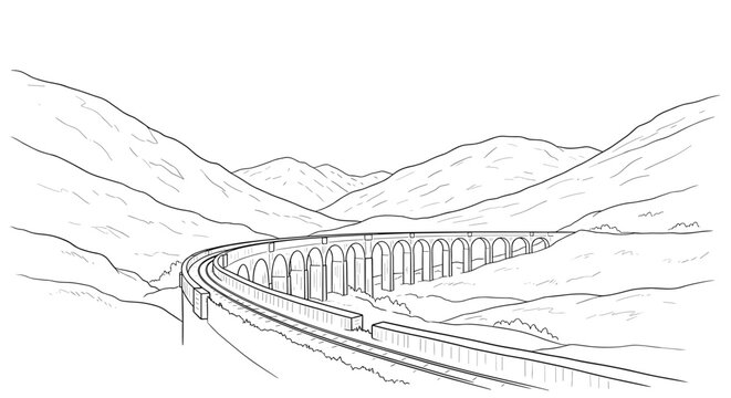 Train crossing scenic mountain viaduct in minimalist line art illustration