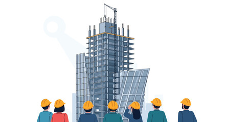 Obraz premium Construction workers in hard hats observe a tall building under construction with a crane on a white background.