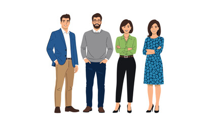 Obraz premium Four diverse business professionals, two men and two women, standing side-by-side in smart office attire.
