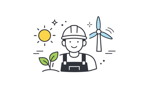 Sustainable future work. A worker icon combined with renewable symbols like sun, wind, and plant elements. The mood is optimistic and