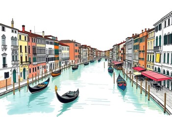 Obraz premium Whimsical hand-drawn sketch of Venice canals, gondolas, and buildings, cityscape, gondola
