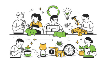 Sustainable upcycling. Multiple simple characters collaborating to turn waste into new items. Friendly teamwork atmosphere, shared responsibility, and circular