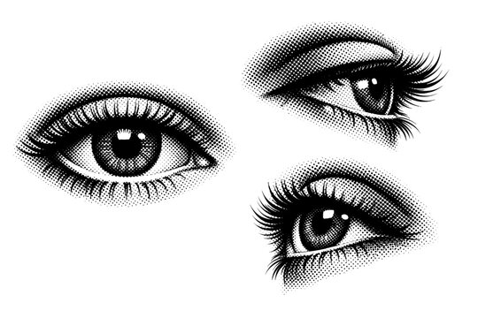Eye Macro Halftone. Human eye macro a human eye emphasizing eyelashes and eyelid contour shown from front view side view and tilted view maintaining anatomical