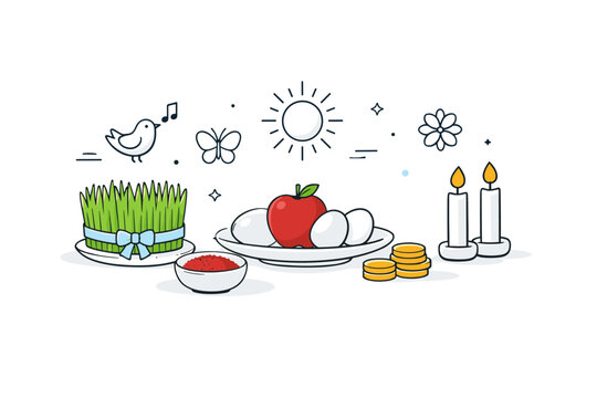 Modern minimalist haft-seen. A clean, contemporary table layout with neatly spaced sabzeh, sumac, coins, and candles, floating icons for