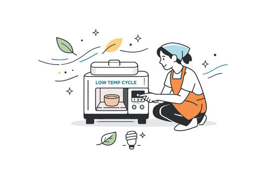 low-impact kiln use. A potter adjusting the settings on a compact kiln labeled ?low temp cycle?, with floating abstract leaves and motion