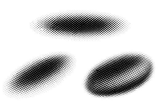 Comic coarse halftone dot texture shown as a single object presented in three views: flat top view, angled view, and three-quarter