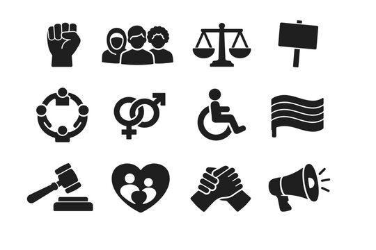 Intersectional Activism. Solid icon set of Intersectional Activism: raised fist, diverse people group, equality scales, protest sign, unity circle, gender
