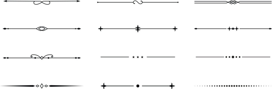 Decorative Text Dividers and Calligraphic Page Breakers Set - Elegant Black Lines and Filigree Ornaments for Wedding Invitations Book Design and Stationery Vector