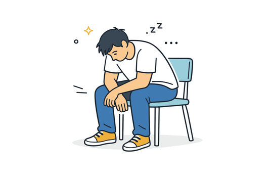 People sitting slouched. A person sitting on a chair with rounded shoulders, elbows resting on thighs, gaze lowered. The scene conveys tiredness and a natural,