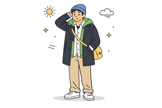 Uncertain spring outfits. A figure layering clothes awkwardly, shirt visible under a coat, collar slightly open. Natural realism and transitional styling.