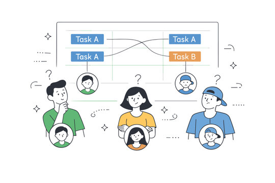 Ambiguity in team roles. A shared board shows duplicated task labels connected to different people. Quiet uncertainty expressed through