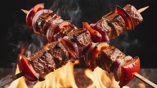 Two Grilled Kebab Skewers Crossed in X Shape with Fire on Black Background