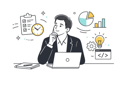 Task switching between projects. A focused professional pausing briefly between tasks, thoughtful expression with floating project icons