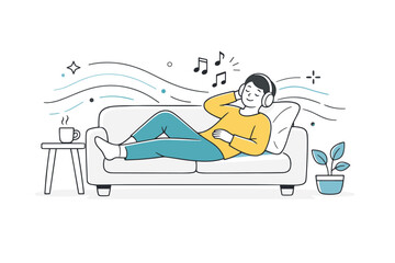 Obraz premium Self care routines with people. A person relaxes on a sofa, listening to music with headphones. Restful emotional recharge mood with gentle