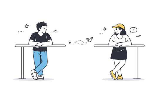 People leaning on railings. Two strangers leaning on the same railing with respectful distance between them. Shared space, no interaction,