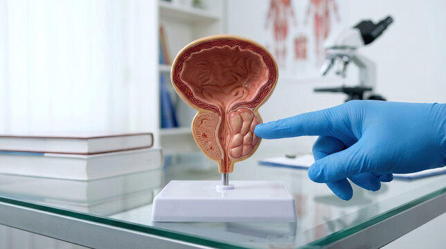 Medical model of male urinary bladder and prostate on clinic table with gloved hand pointing, educational anatomy display conveying concern and clinical explanation