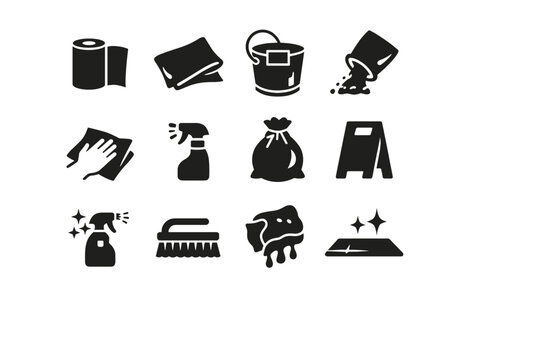Coffee Spill - cleanup. Solid icon set of Coffee Spill - cleanup: paper towel, cleaning cloth, mop bucket, spill absorbent, wiping hand, spray bottle, trash